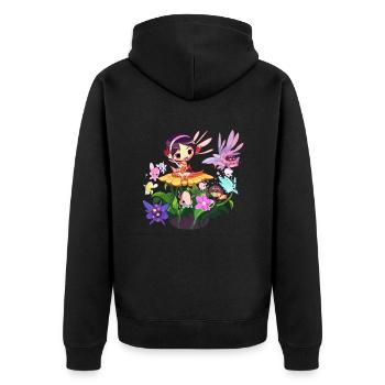 Der verwunschene Garten: Eine Symphonie aus Blüten und Blüten - Unisex Premium Bio Zip Hoodie - Schwarz - Hinten - Nico (187cm)