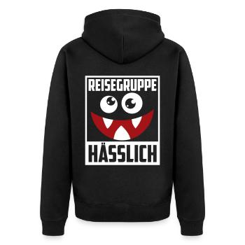 Farben änderbar | Reisegruppe Hässlich - Unisex Premium Bio Zip Hoodie - Schwarz - Hinten - Nico (187cm)