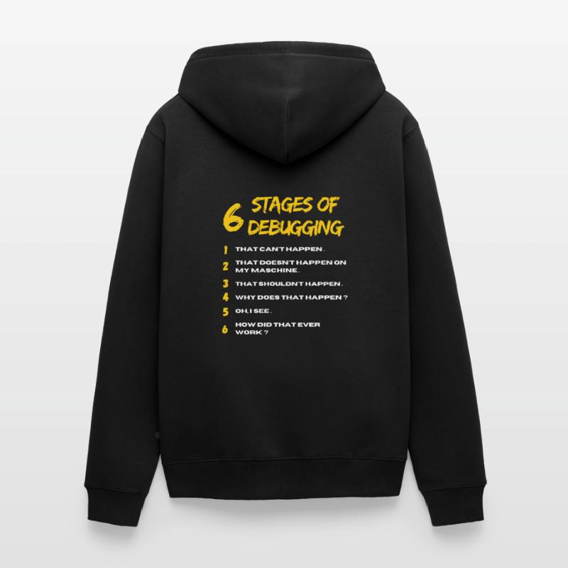 6 Stages of Debugging Bug Coding Computer Programm Unisex Premium Bio Zip Hoodie