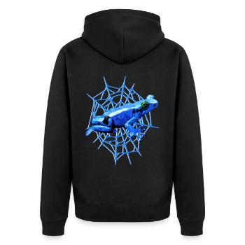 Pfeilgiftfrosch mit Spinnennetz, blauer Frosch - Unisex Premium Bio Zip Hoodie - Schwarz - Hinten - Nico (187cm)