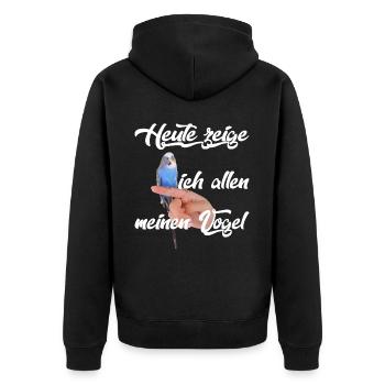 Blauer Wellensittich , lustiger Spruch - Unisex Premium Bio Zip Hoodie - Schwarz - Hinten - Nico (187cm)