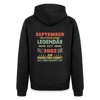 21. Geburtstag September Jahrgang 2002 Vintage - Unisex Premium Bio Zip Hoodie - Schwarz - Hinten - Nico (187cm)