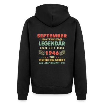 77. Geburtstag September Jahrgang 1946 Vintage - Unisex Premium Bio Zip Hoodie - Schwarz - Hinten - Nico (187cm)