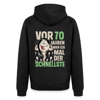 70. Geburtstag 70 Jahre War Ich Mal Der Schnellste - Unisex Premium Bio Zip Hoodie - Schwarz - Hinten - Nico (187cm)