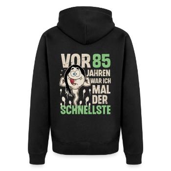 85. Geburtstag 85 Jahre War Ich Mal Der Schnellste - Unisex Premium Bio Zip Hoodie - Schwarz - Hinten - Nico (187cm)