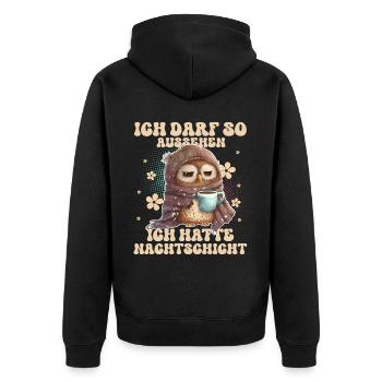 Eule Nachtschicht Müde Kaffee - Unisex Premium Bio Zip Hoodie - Schwarz - Hinten - Nico (187cm)