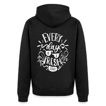 Jeder Tag ist ein Neuanfang - Unisex Premium Bio Zip Hoodie - Schwarz - Hinten - Nico (187cm)