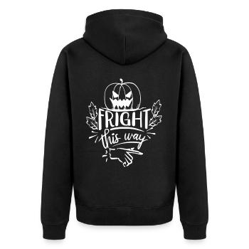 Hier entlang: Kürbis Halloween - Unisex Premium Bio Zip Hoodie - Schwarz - Hinten - Nico (187cm)