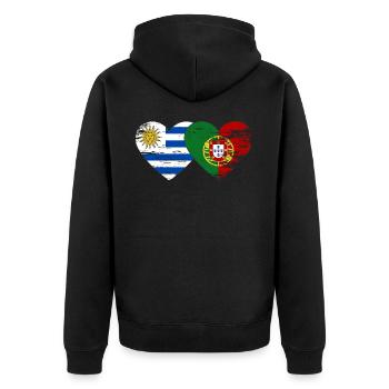 Uruguay Portugal Flagge Herz used - Unisex Premium Bio Zip Hoodie - Schwarz - Hinten - Nico (187cm)