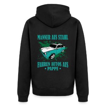 DDR Trabi Männer aus Stahl, fahren Autos aus Pappe - Unisex Premium Bio Zip Hoodie - Schwarz - Hinten - Nico (187cm)