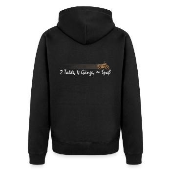 DDR Moped // 2 Takte, 4 Gänge, unendlich Spaß - Unisex Premium Bio Zip Hoodie - Schwarz - Hinten - Nico (187cm)