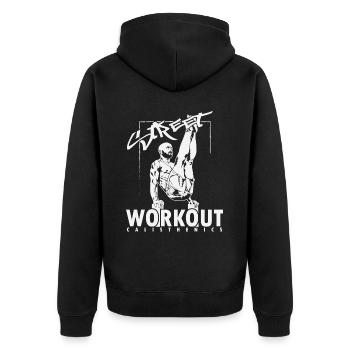Calisthenics "Street Workout" Muskeltraining - Unisex Premium Bio Zip Hoodie - Schwarz - Hinten - Nico (187cm)