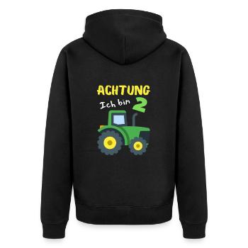 Vorsicht – Ich bin 2 und liebe Traktoren! - Unisex Premium Bio Zip Hoodie - Schwarz - Hinten - Nico (187cm)