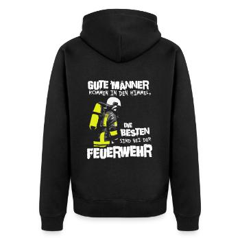 Stolzer Held bei der Feuerwehr – Helden im Einsatz - Unisex Premium Bio Zip Hoodie - Schwarz - Hinten - Nico (187cm)