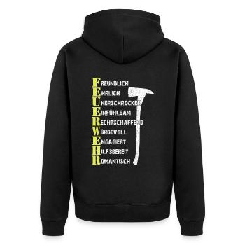 Eigenschaften eines wahren Feuerwehrhelden - Unisex Premium Bio Zip Hoodie - Schwarz - Hinten - Nico (187cm)