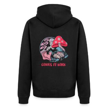 Kreatives Genie: Entspannung unter dem Pilz - Unisex Premium Bio Zip Hoodie - Schwarz - Hinten - Nico (187cm)