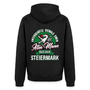 Unterschätze Nie einen Alten Steirer - Unisex Premium Bio Zip Hoodie - Schwarz - Hinten - Nico (187cm)
