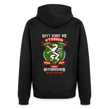 Gott schuf Steirer – Helden für Österreich - Unisex Premium Bio Zip Hoodie - Schwarz - Hinten - Nico (187cm)