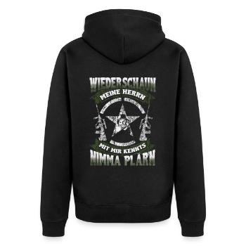 Wiederschaun Meine Herrn – Bundesheer-Abrüster - Unisex Premium Bio Zip Hoodie - Schwarz - Hinten - Nico (187cm)