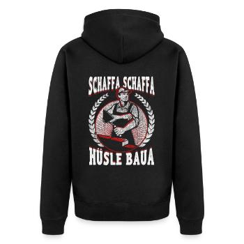 Schaffa Schaffa – Stolz aufs Häusle bauen - Unisex Premium Bio Zip Hoodie - Schwarz - Hinten - Nico (187cm)