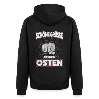 Starke Grüße aus dem Osten – Ostdeutsch und Stolz - Unisex Premium Bio Zip Hoodie - Schwarz - Hinten - Nico (187cm)