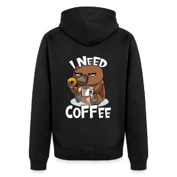 Tired platypus says I need coffee now - Unisex Premium Organic Zip Hoodie - black - Back - Nico (187cm)