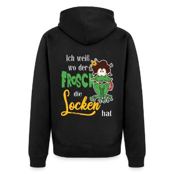 Ich weiß wo der Frosch die Locken hat - Unisex Premium Bio Zip Hoodie - Schwarz - Hinten - Nico (187cm)