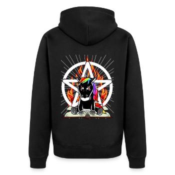 Satan Einhorn Pentagramm Teuflisch Fabelwesen Böse - Unisex Premium Bio Zip Hoodie - Schwarz - Hinten - Nico (187cm)