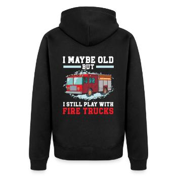 Ich bin vielleicht alt, aber ich spiele immer noch Wth Feuerwehrautos - Unisex Premium Bio Zip Hoodie - Schwarz - Hinten - Nico (187cm)