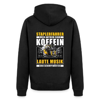 Antrieb Koffein Laute Musik Gabelstaplerfahrer - Unisex Premium Bio Zip Hoodie - Schwarz - Hinten - Nico (187cm)