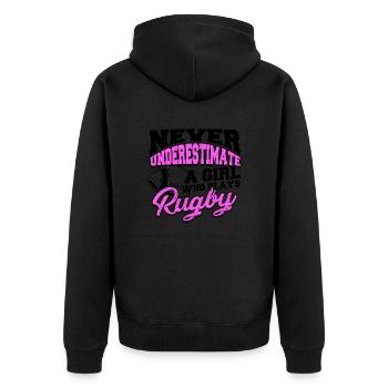 Unterschätze niemals ein Mädchen, das Rugby spielt - - Unisex Premium Bio Zip Hoodie - Schwarz - Hinten - Nico (187cm)