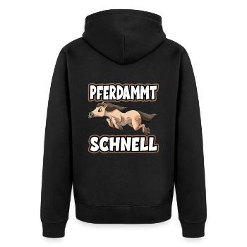 PFERDAMMT SCHNELL - Unisex Premium Bio Zip Hoodie - Schwarz - Hinten - Nico (187cm)