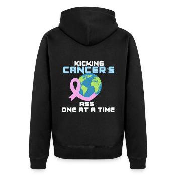 Dem Krebs in den Arsch treten - einer nach dem and - Unisex Premium Bio Zip Hoodie - Schwarz - Hinten - Nico (187cm)