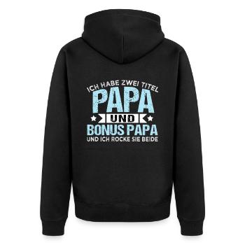 Herren Ich habe zwei Titel Papa und Bonus Papa - Unisex Premium Bio Zip Hoodie - Schwarz - Hinten - Nico (187cm)