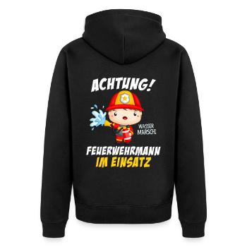 Achtung Feuerwehrmann Jungen Einsatz - Unisex Premium Bio Zip Hoodie - Schwarz - Hinten - Nico (187cm)