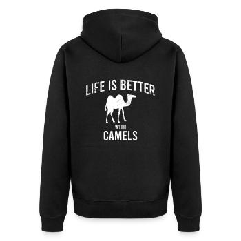 Camel Kamel Spruch - Unisex Premium Bio Zip Hoodie - Schwarz - Hinten - Nico (187cm)