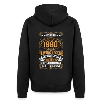 Geboren 1980 Die Lebende Legende Limited Edition - Unisex Premium Bio Zip Hoodie - Schwarz - Hinten - Nico (187cm)