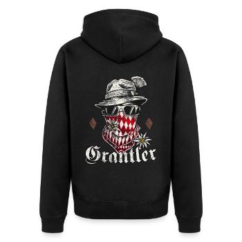 Grantler T-Shirt Trachtenshirt Bayern - Unisex Premium Bio Zip Hoodie - Schwarz - Hinten - Nico (187cm)