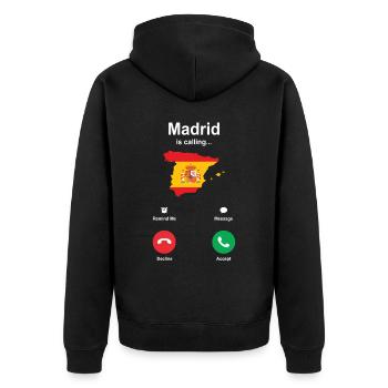 Madrid Ruft Geschenk An - Unisex Premium Bio Zip Hoodie - Schwarz - Hinten - Nico (187cm)