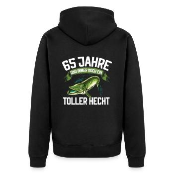 65 Jahre und immer noch ein toller Hecht Angler - Unisex Premium Bio Zip Hoodie - Schwarz - Hinten - Nico (187cm)