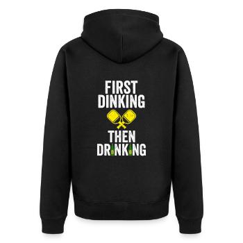 First Dinking Then Drinking Pickleball Padel Shirt - Unisex Premium Bio Zip Hoodie - Schwarz - Hinten - Nico (187cm)