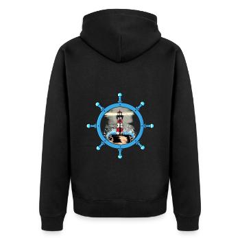 Maritime Steering Wheel Lighthouse Coast Storm Ahoy - Unisex Premium Organic Zip Hoodie - black - Back - Nico (187cm)