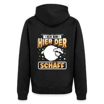 Ich bin hier der Schäff - Unisex Premium Bio Zip Hoodie - Schwarz - Hinten - Nico (187cm)