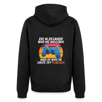 Ein aleksandr wird nie aufgeben - Unisex Premium Bio Zip Hoodie - Schwarz - Hinten - Nico (187cm)