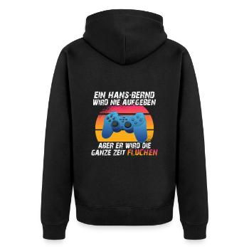 Ein Hans-Bernd wird nie aufgeben - Unisex Premium Bio Zip Hoodie - Schwarz - Hinten - Nico (187cm)