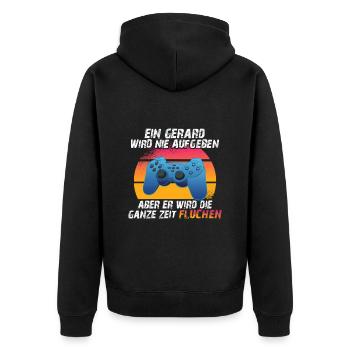 Ein gerard wird nie aufgeben - Unisex Premium Bio Zip Hoodie - Schwarz - Hinten - Nico (187cm)