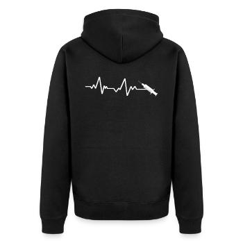 Weisse Spritze Mit Herzschlaglinie - Unisex Premium Bio Zip Hoodie - Schwarz - Hinten - Nico (187cm)