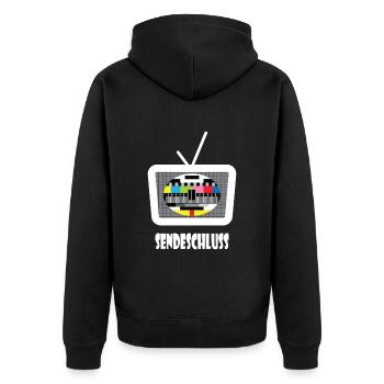 Testbild Sendschluss 80er 90er Jahre Motto Party - Unisex Premium Bio Zip Hoodie - Schwarz - Hinten - Nico (187cm)