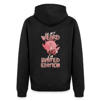 Cartoon Schwein im Sturzflug - Limited Edition - Unisex Premium Bio Zip Hoodie - Schwarz - Hinten - Nico (187cm)