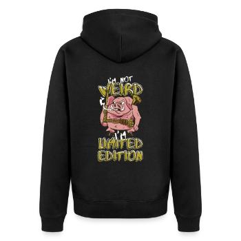 Cooles Cartoon Schwein - Limited Edition - Spruch - Unisex Premium Bio Zip Hoodie - Schwarz - Hinten - Nico (187cm)